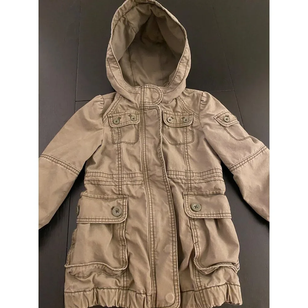 GAP Kids Hooded Military Utility Jacket Small (6-7) Olive Full Zip 100% Cotton‎